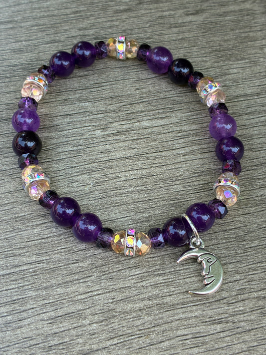 Amethyst & Iridescent Beaded Bracelet featuring Gold Crescent Moon- Size Small