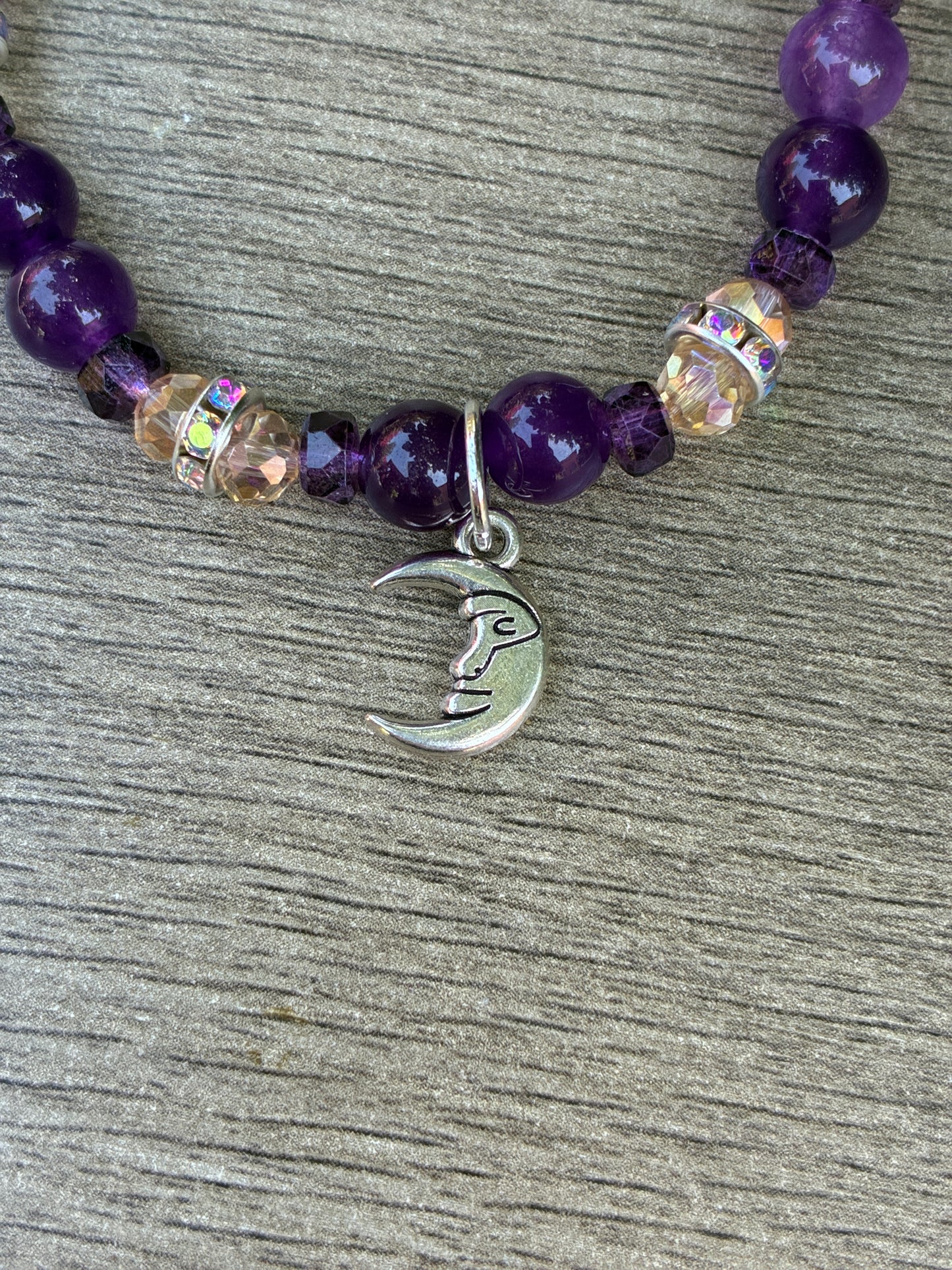 Amethyst & Iridescent Beaded Bracelet featuring Gold Crescent Moon- Size Small