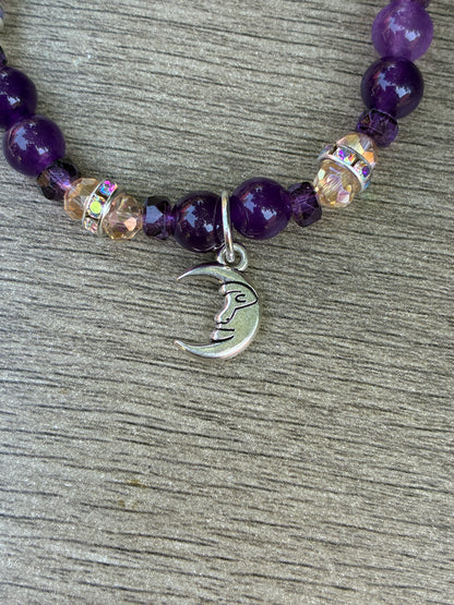 Amethyst & Iridescent Beaded Bracelet featuring Gold Crescent Moon- Size Small