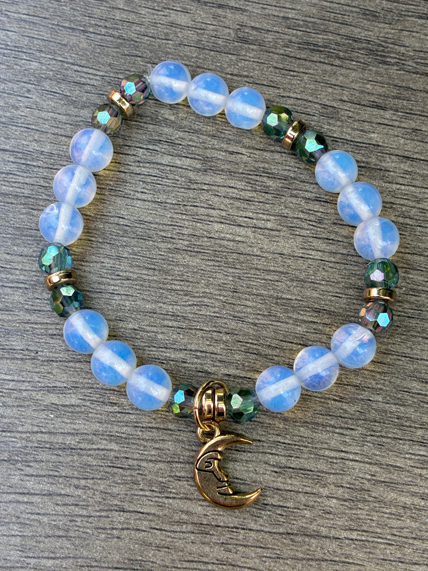 Opalite & Iridescent Beaded Bracelet featuring Gold Crescent Moon- Size Medium