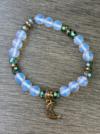 Opalite & Iridescent Beaded Bracelet featuring Gold Crescent Moon- Size Medium