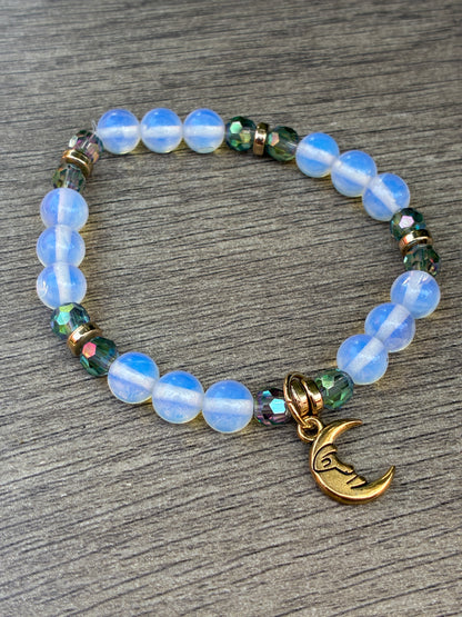 Opalite & Iridescent Beaded Bracelet featuring Gold Crescent Moon- Size Medium
