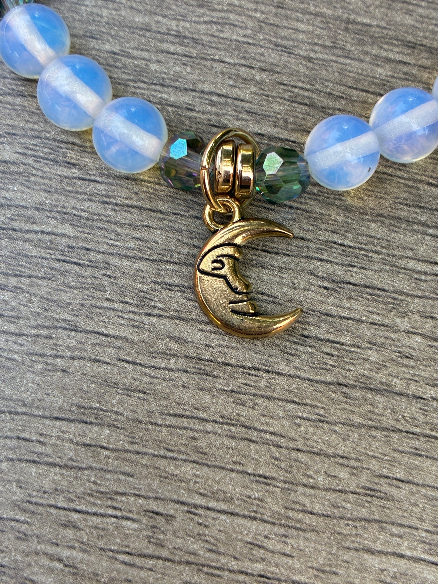 Opalite & Iridescent Beaded Bracelet featuring Gold Crescent Moon- Size Medium