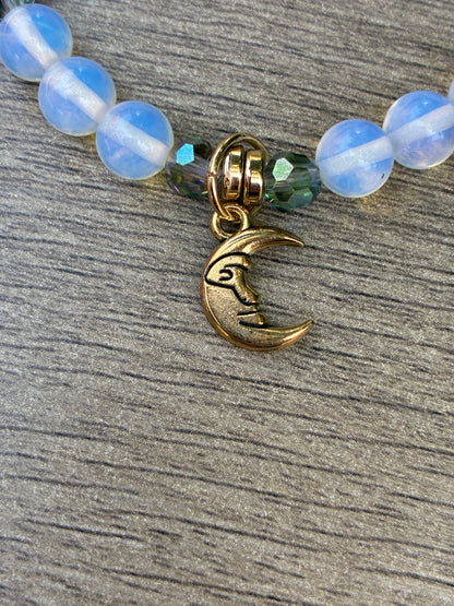Opalite & Iridescent Beaded Bracelet featuring Gold Crescent Moon- Size Medium