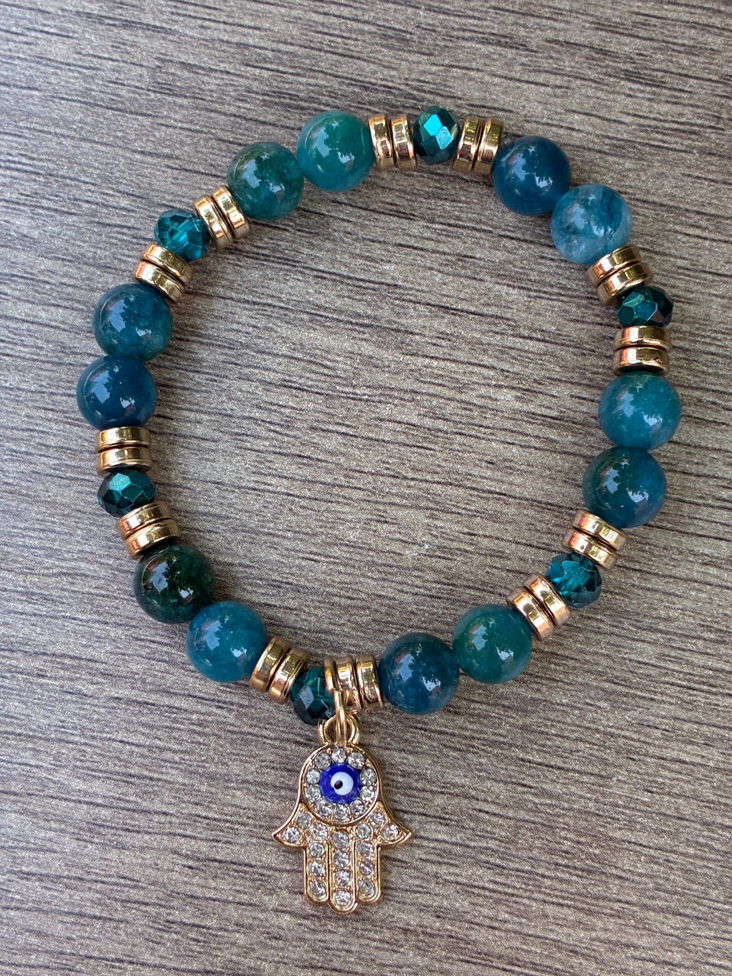 Apatite & Gold Beaded Bracelet featuring a Gold Diamond Hamsa Hand