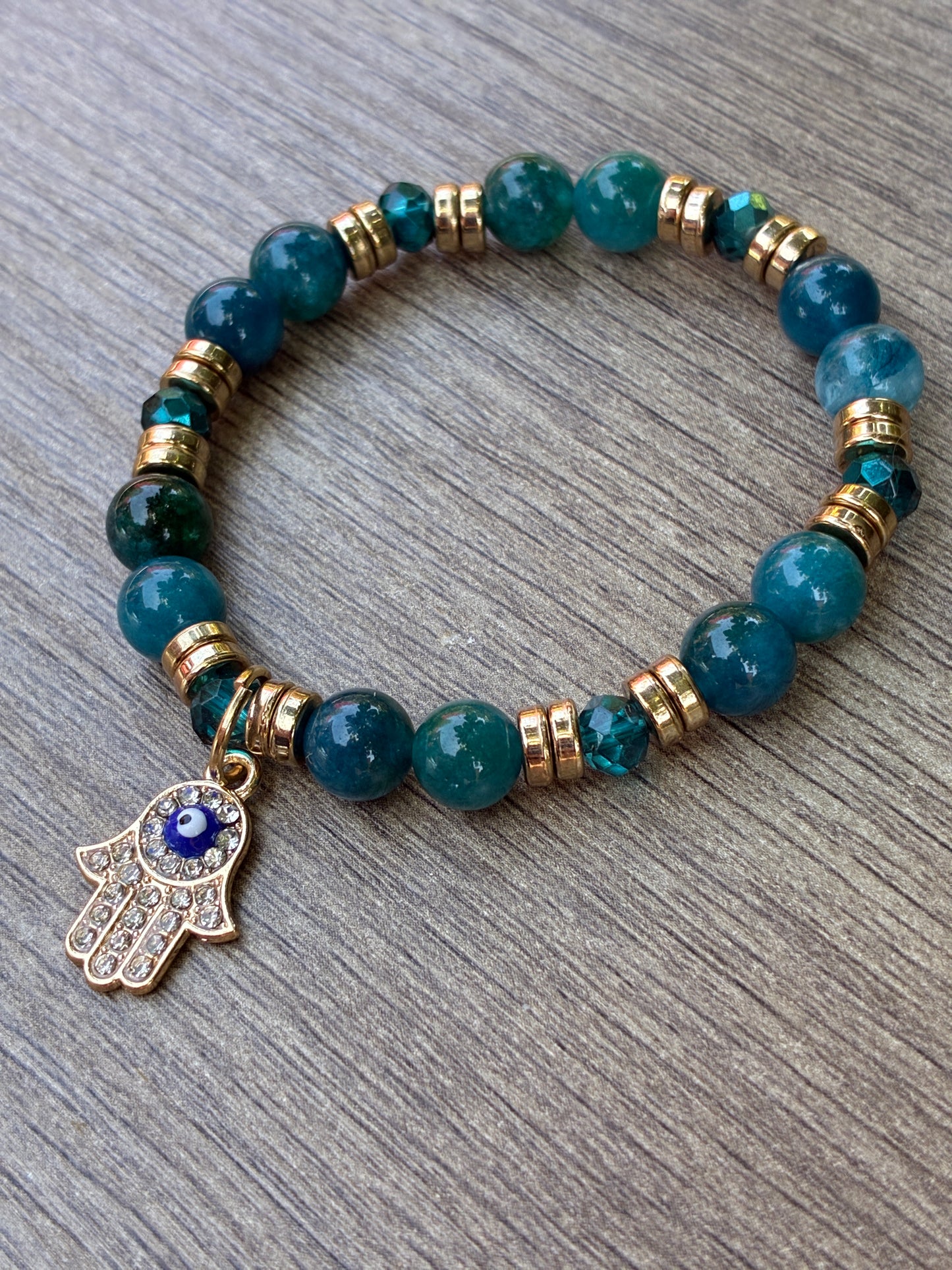 Apatite & Gold Beaded Bracelet featuring a Gold Diamond Hamsa Hand
