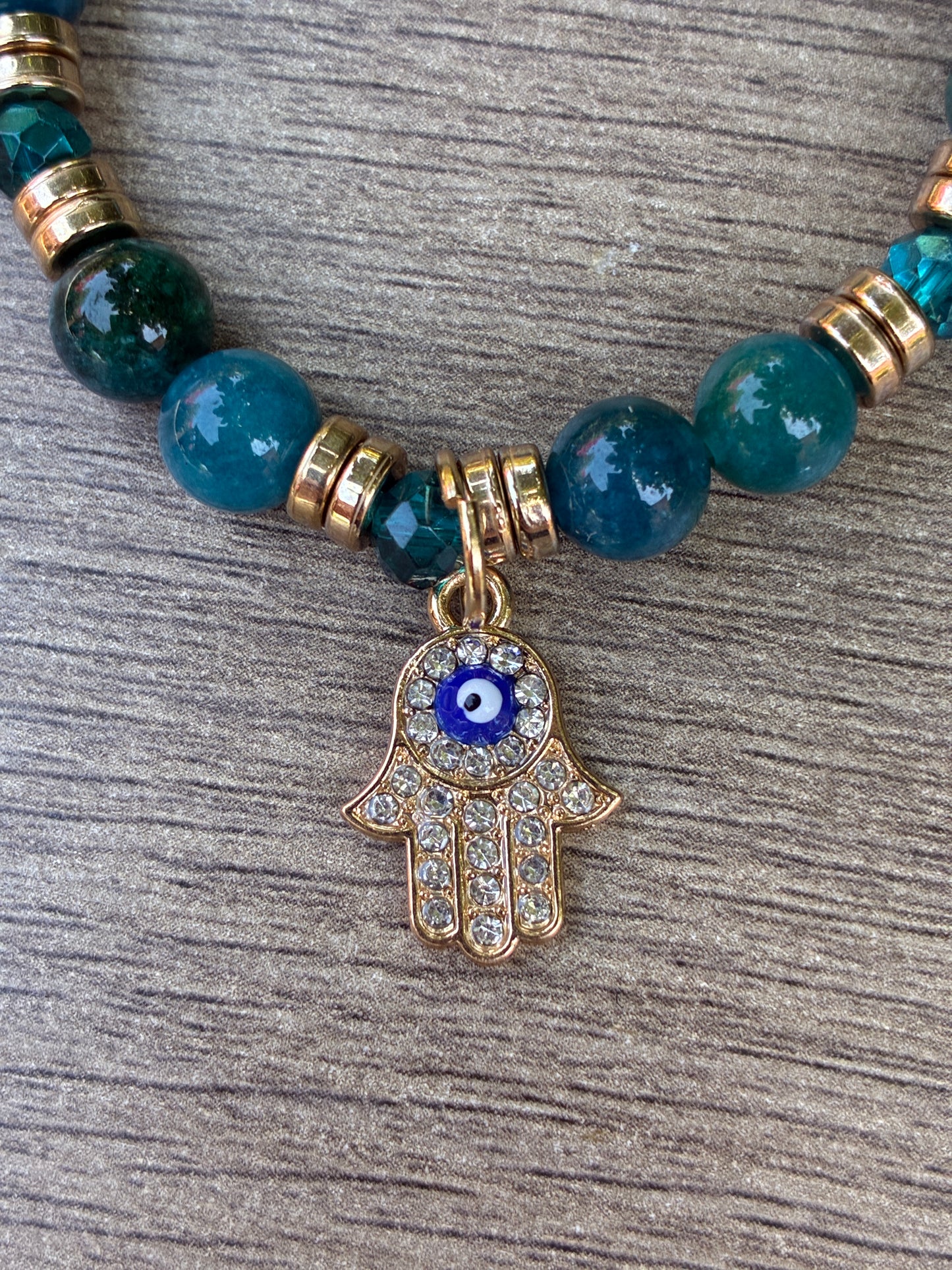 Apatite & Gold Beaded Bracelet featuring a Gold Diamond Hamsa Hand