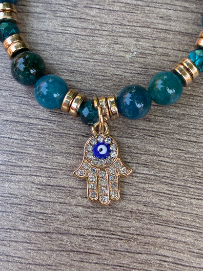 Apatite & Gold Beaded Bracelet featuring a Gold Diamond Hamsa Hand