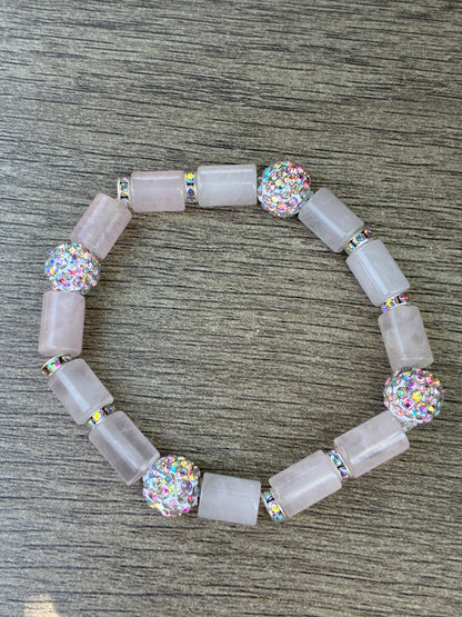 Cylinder Rose Quartz Bracelet featuring Multicolor Diamond Beads- Size Medium
