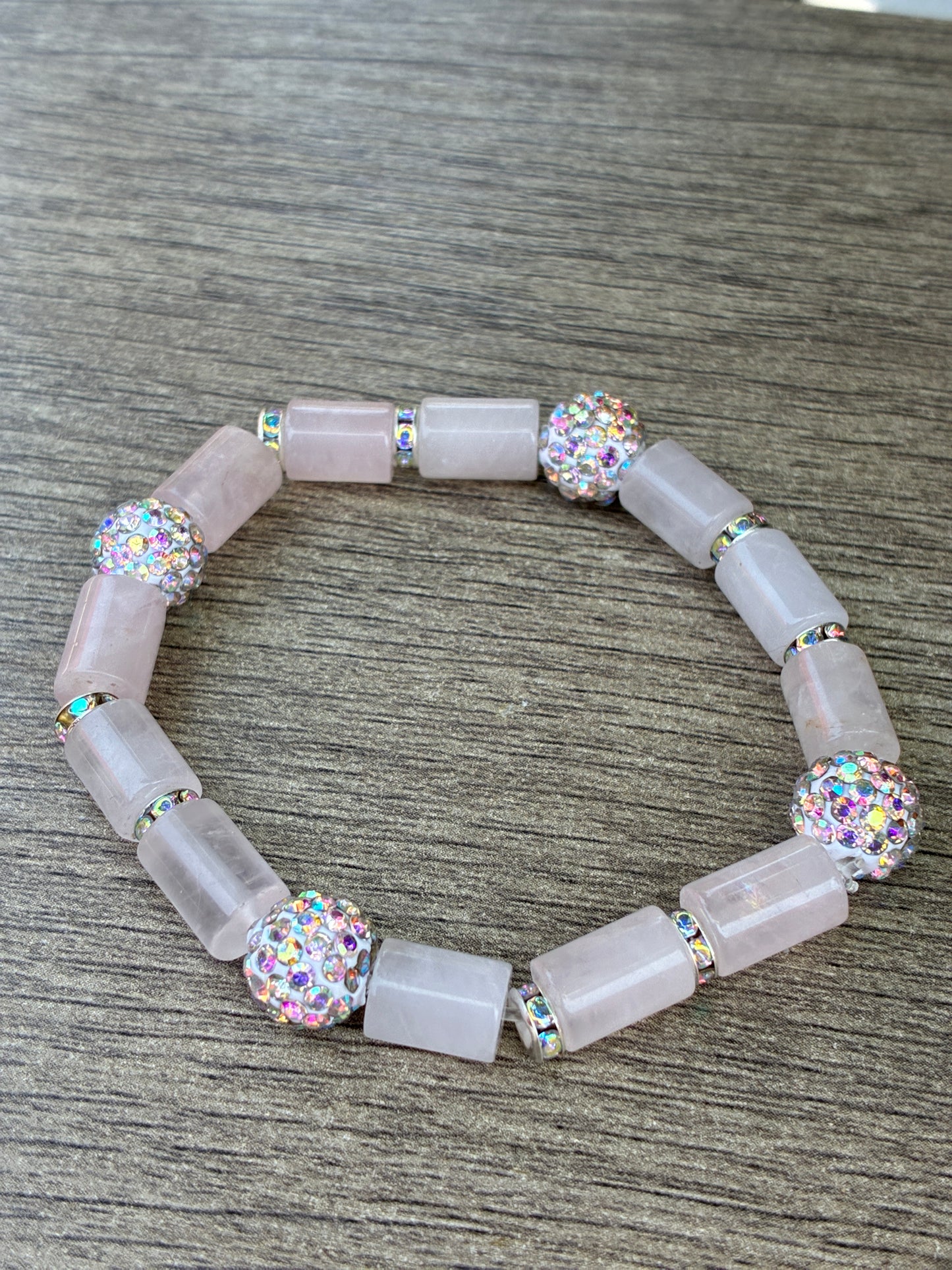 Cylinder Rose Quartz Bracelet featuring Multicolor Diamond Beads- Size Medium