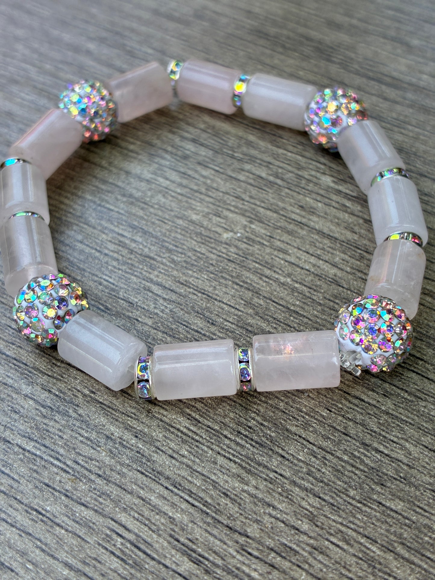 Cylinder Rose Quartz Bracelet featuring Multicolor Diamond Beads- Size Medium