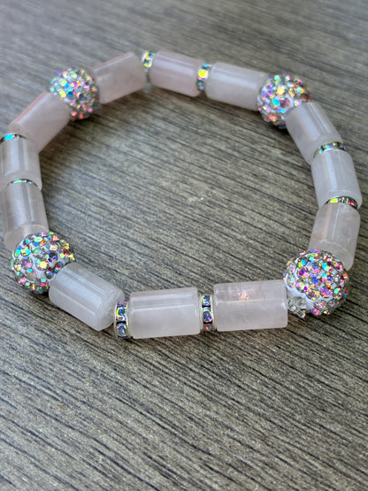 Cylinder Rose Quartz Bracelet featuring Multicolor Diamond Beads- Size Medium