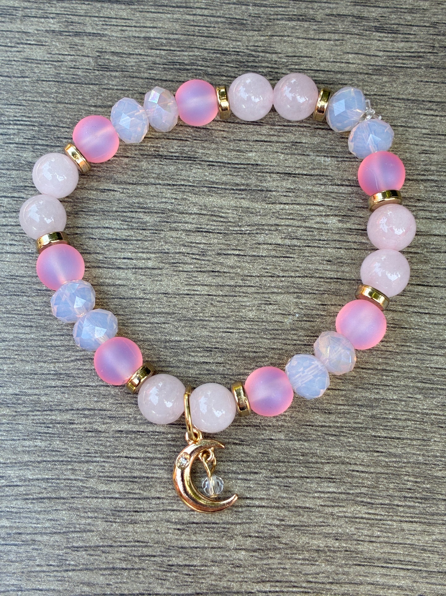 Rose Quartz, Matte Pink & Gold Beaded Bracelet featuring a Gold Moon- Size Medium