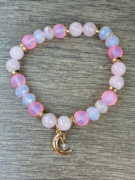 Rose Quartz, Matte Pink & Gold Beaded Bracelet featuring a Gold Moon- Size Medium