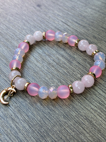 Rose Quartz, Matte Pink & Gold Beaded Bracelet featuring a Gold Moon- Size Medium
