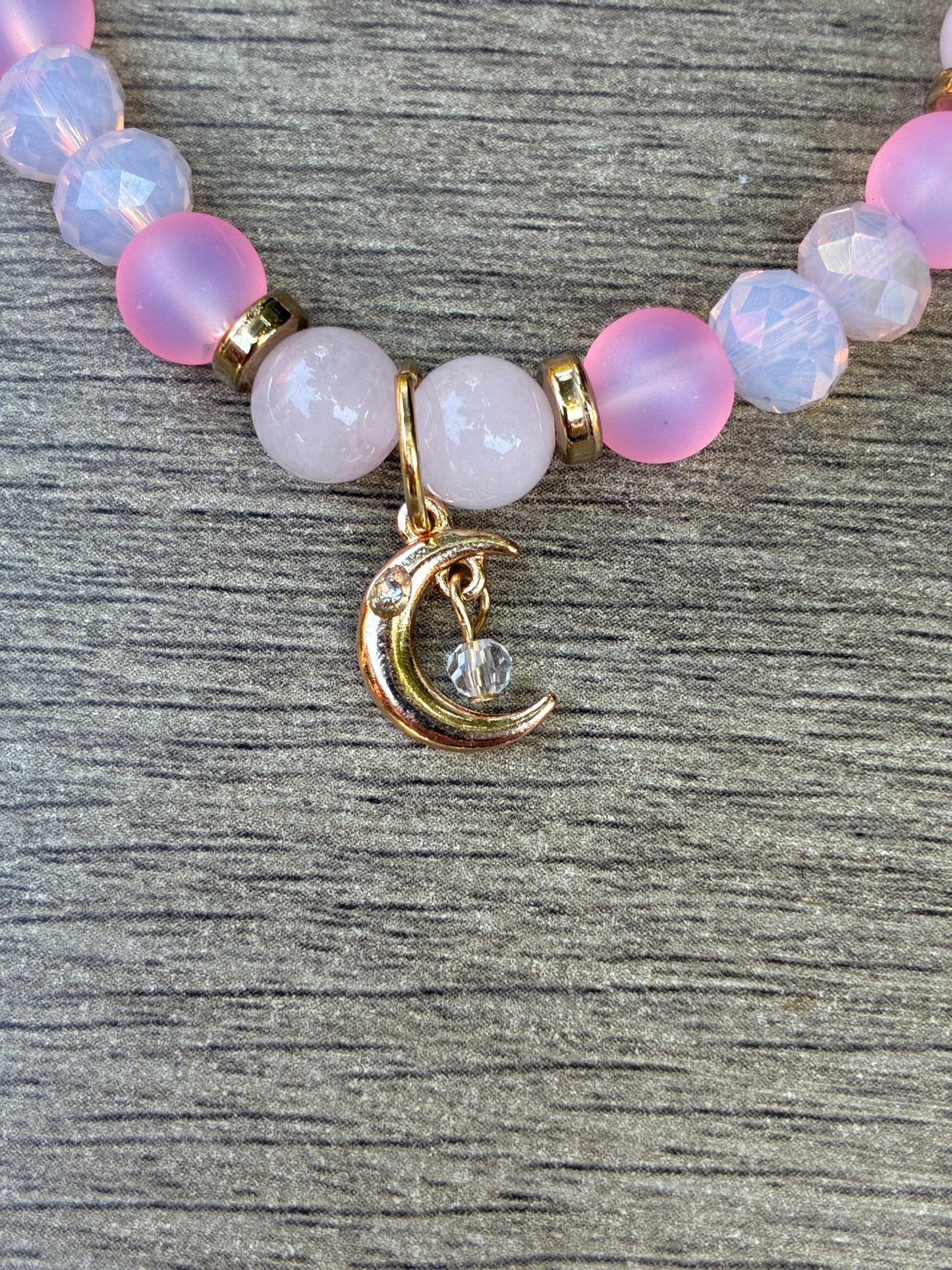 Rose Quartz, Matte Pink & Gold Beaded Bracelet featuring a Gold Moon- Size Medium