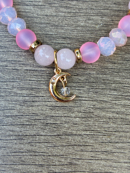 Rose Quartz, Matte Pink & Gold Beaded Bracelet featuring a Gold Moon- Size Medium