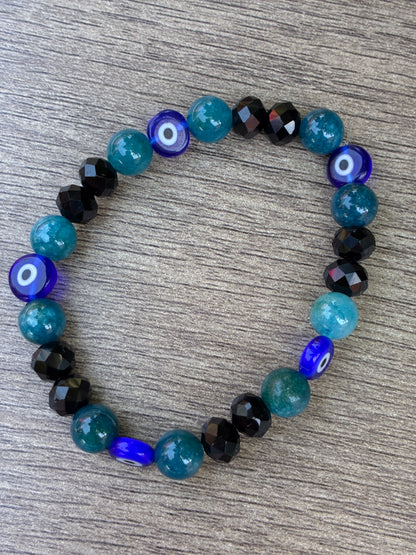 Apatite & Black Beaded Bracelet featuring Evil Eye Beads- Size Medium