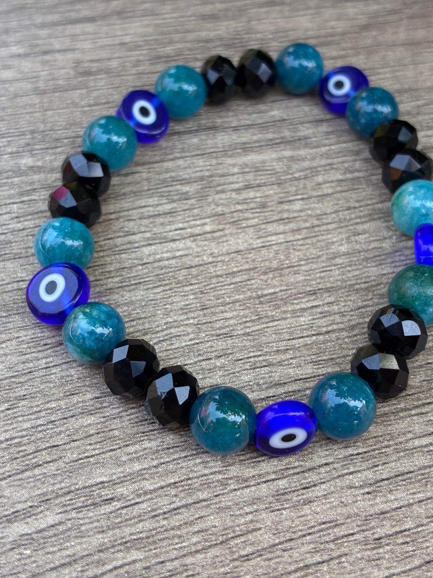Apatite & Black Beaded Bracelet featuring Evil Eye Beads- Size Medium