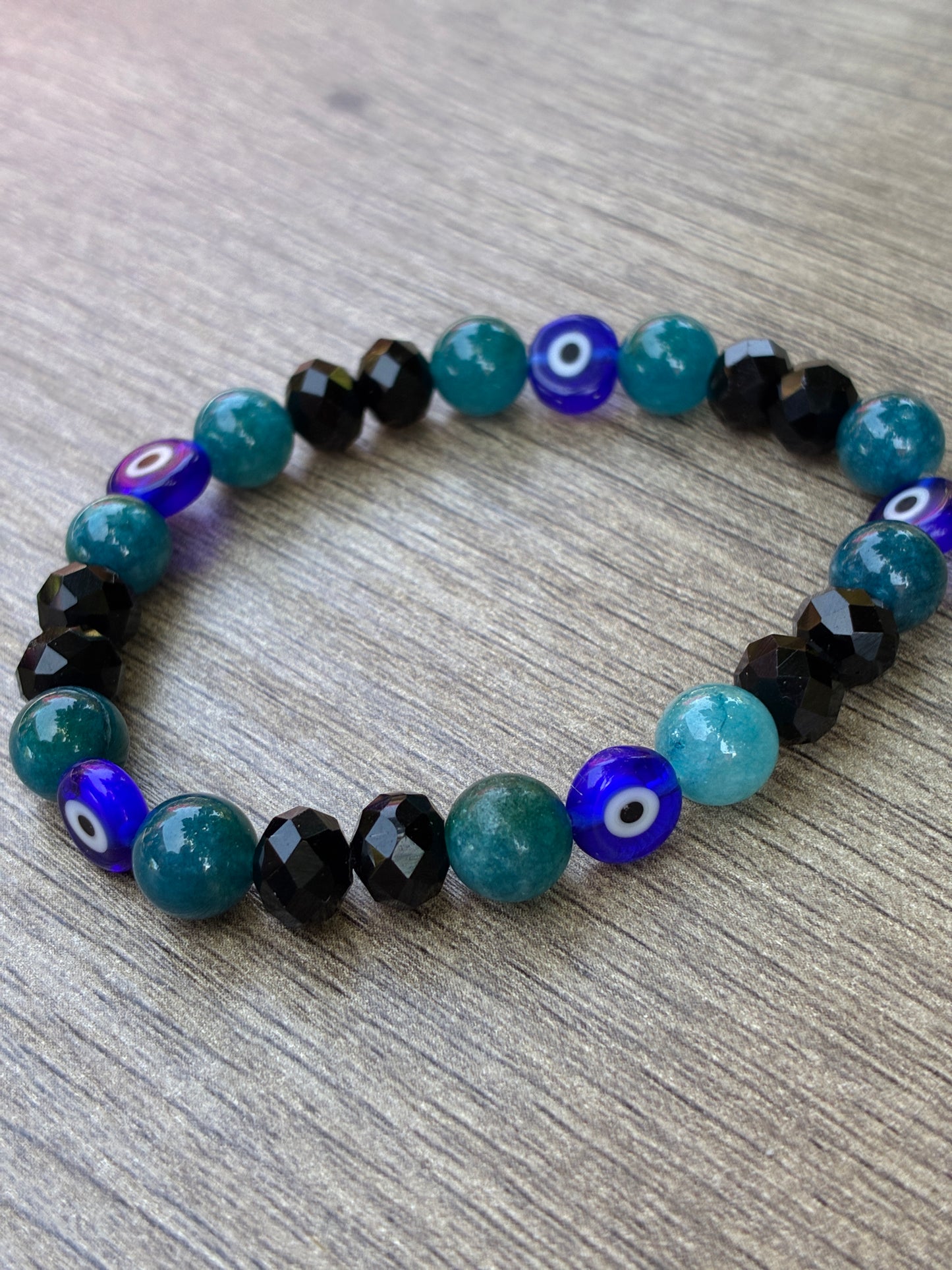 Apatite & Black Beaded Bracelet featuring Evil Eye Beads- Size Medium