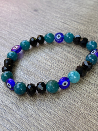 Apatite & Black Beaded Bracelet featuring Evil Eye Beads- Size Medium