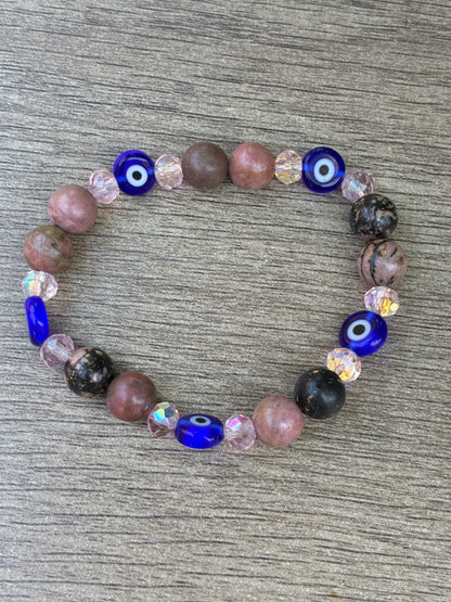 Rhodonite, Crystal & Evil Eye Beaded Bracelet- Size Small