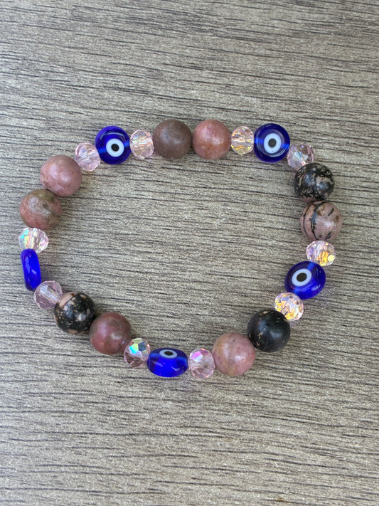 Rhodonite, Crystal & Evil Eye Beaded Bracelet- Size Small