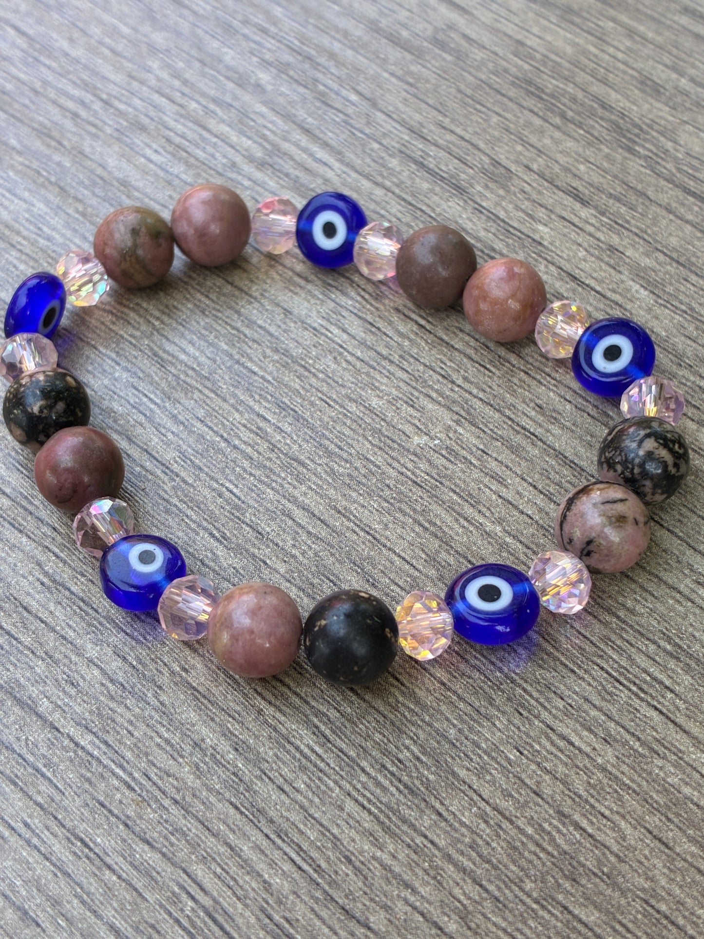 Rhodonite, Crystal & Evil Eye Beaded Bracelet- Size Small