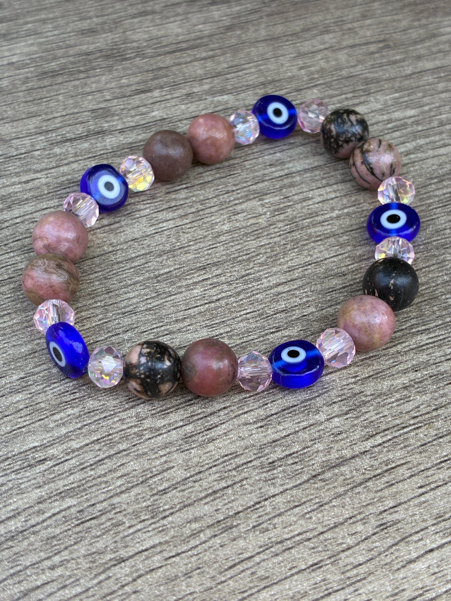 Rhodonite, Crystal & Evil Eye Beaded Bracelet- Size Small