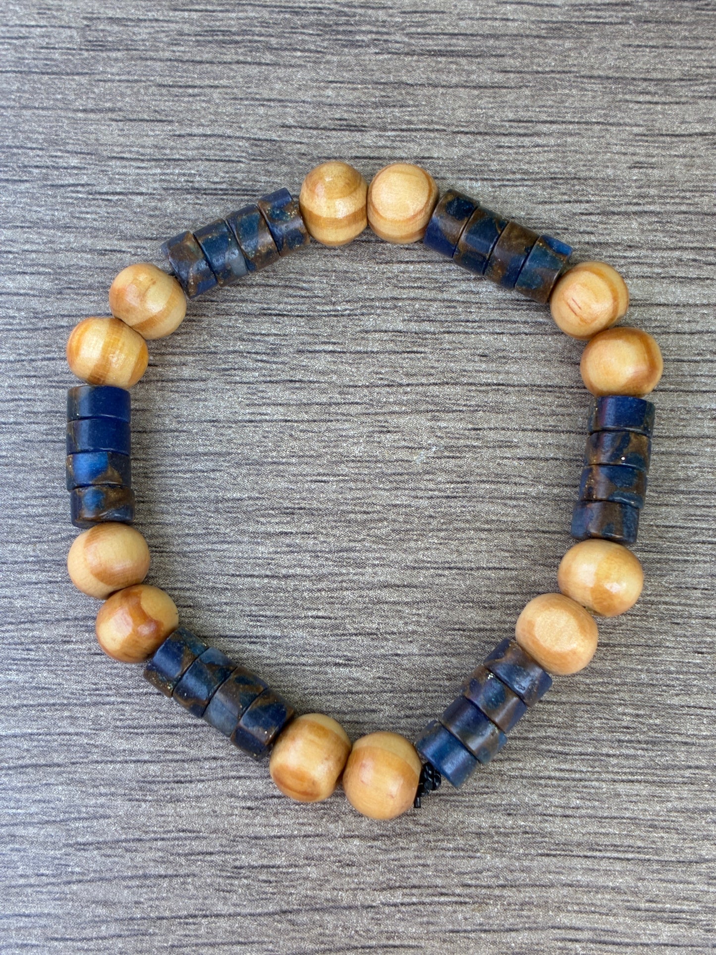 Dark Blue Agate & Wood Beaded Bracelet- Size Small