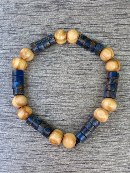 Dark Blue Agate & Wood Beaded Bracelet- Size Small