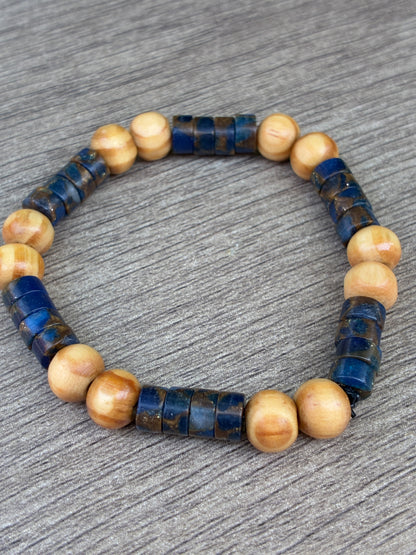 Dark Blue Agate & Wood Beaded Bracelet- Size Small