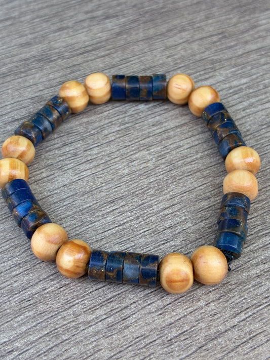 Dark Blue Agate & Wood Beaded Bracelet- Size Small