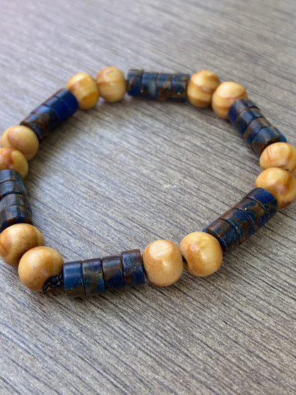 Dark Blue Agate & Wood Beaded Bracelet- Size Small