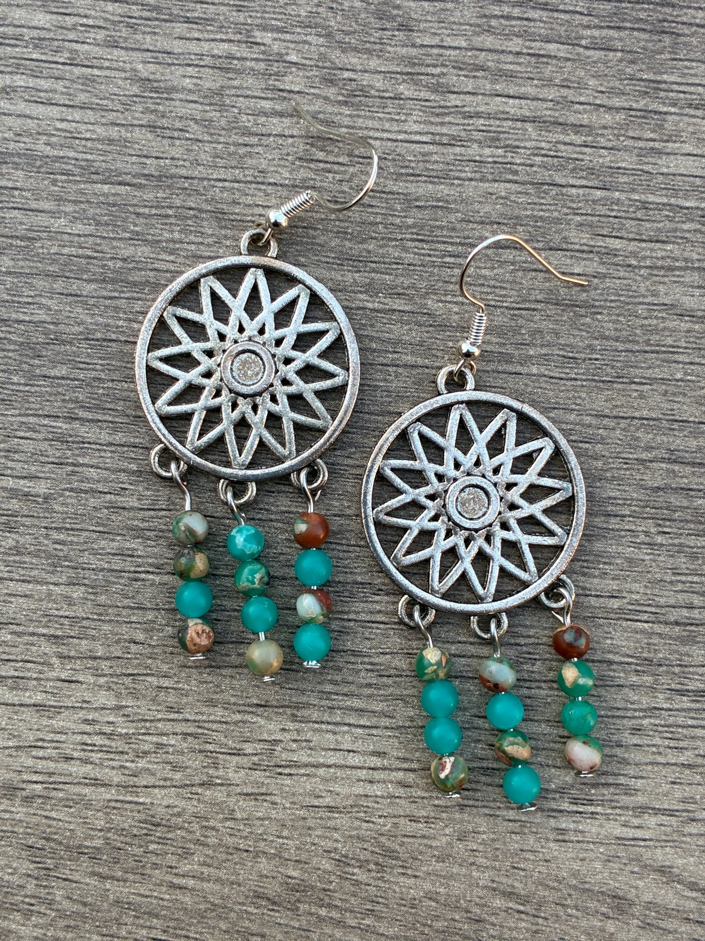 Serpentine Boho Beaded Silver Medallion Earrings