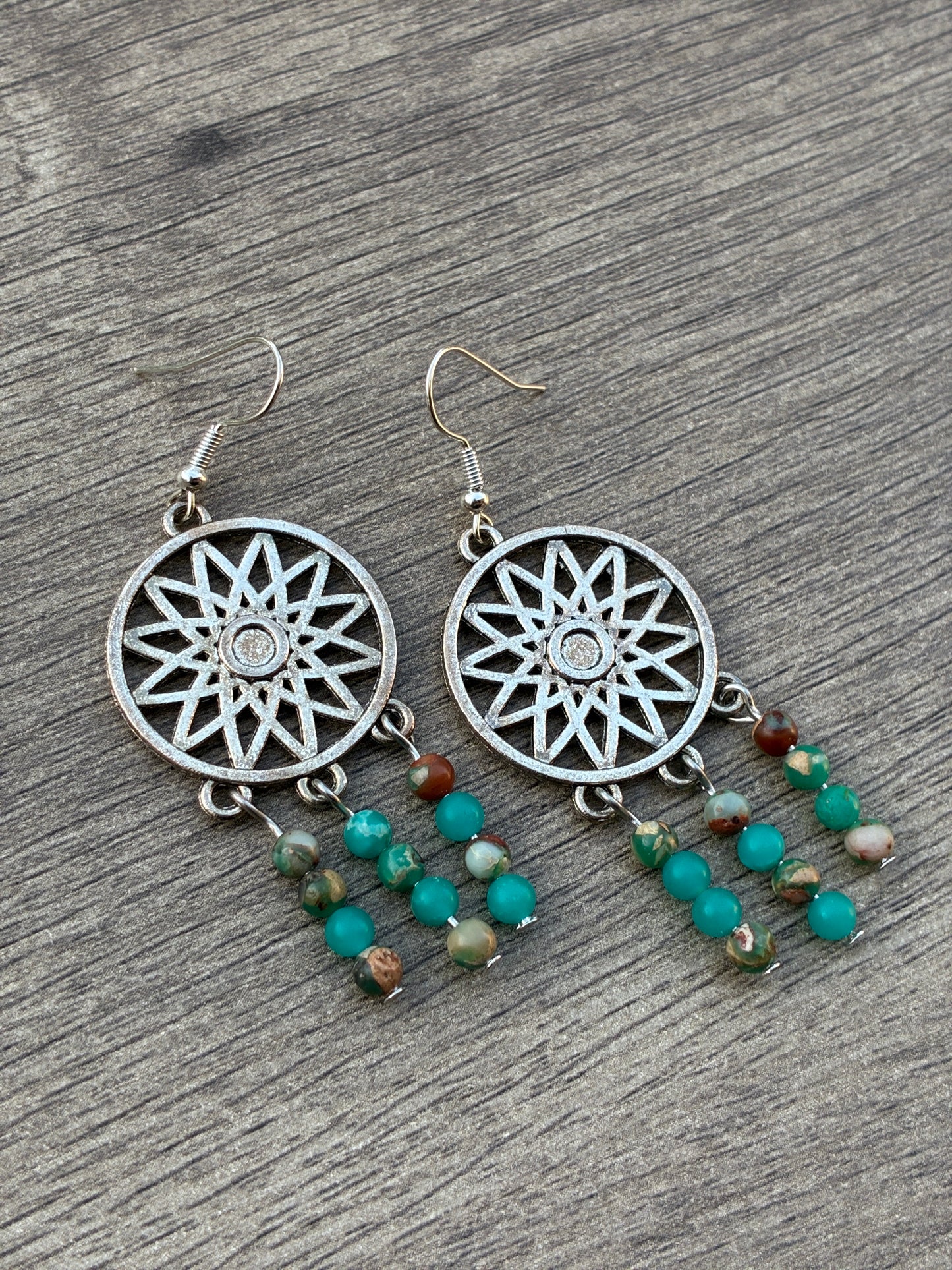 Serpentine Boho Beaded Silver Medallion Earrings