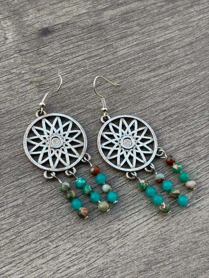 Serpentine Boho Beaded Silver Medallion Earrings