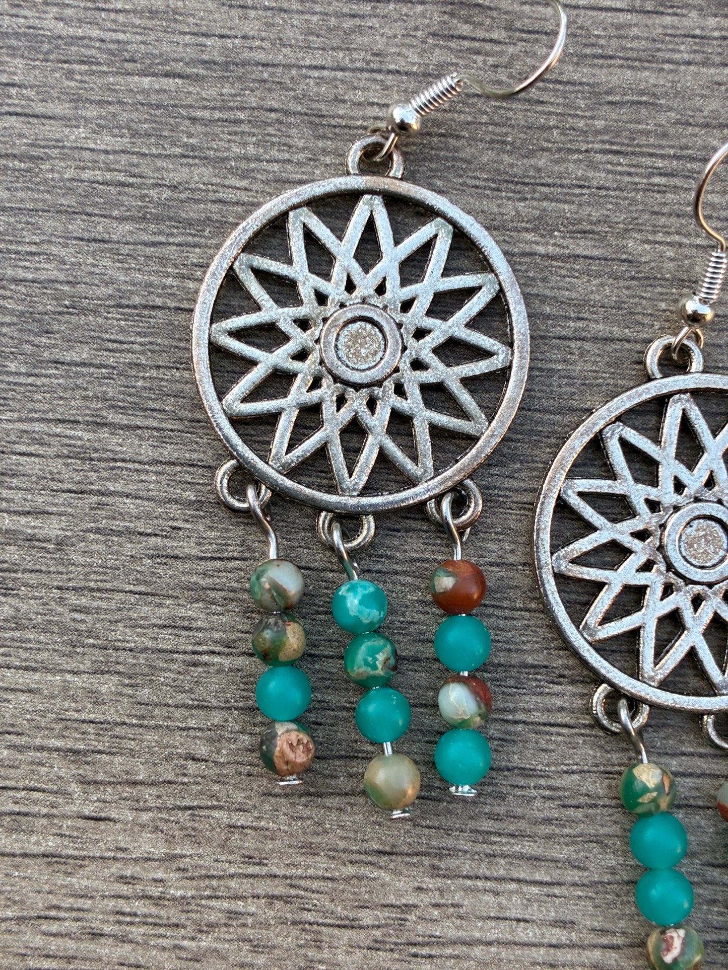 Serpentine Boho Beaded Silver Medallion Earrings