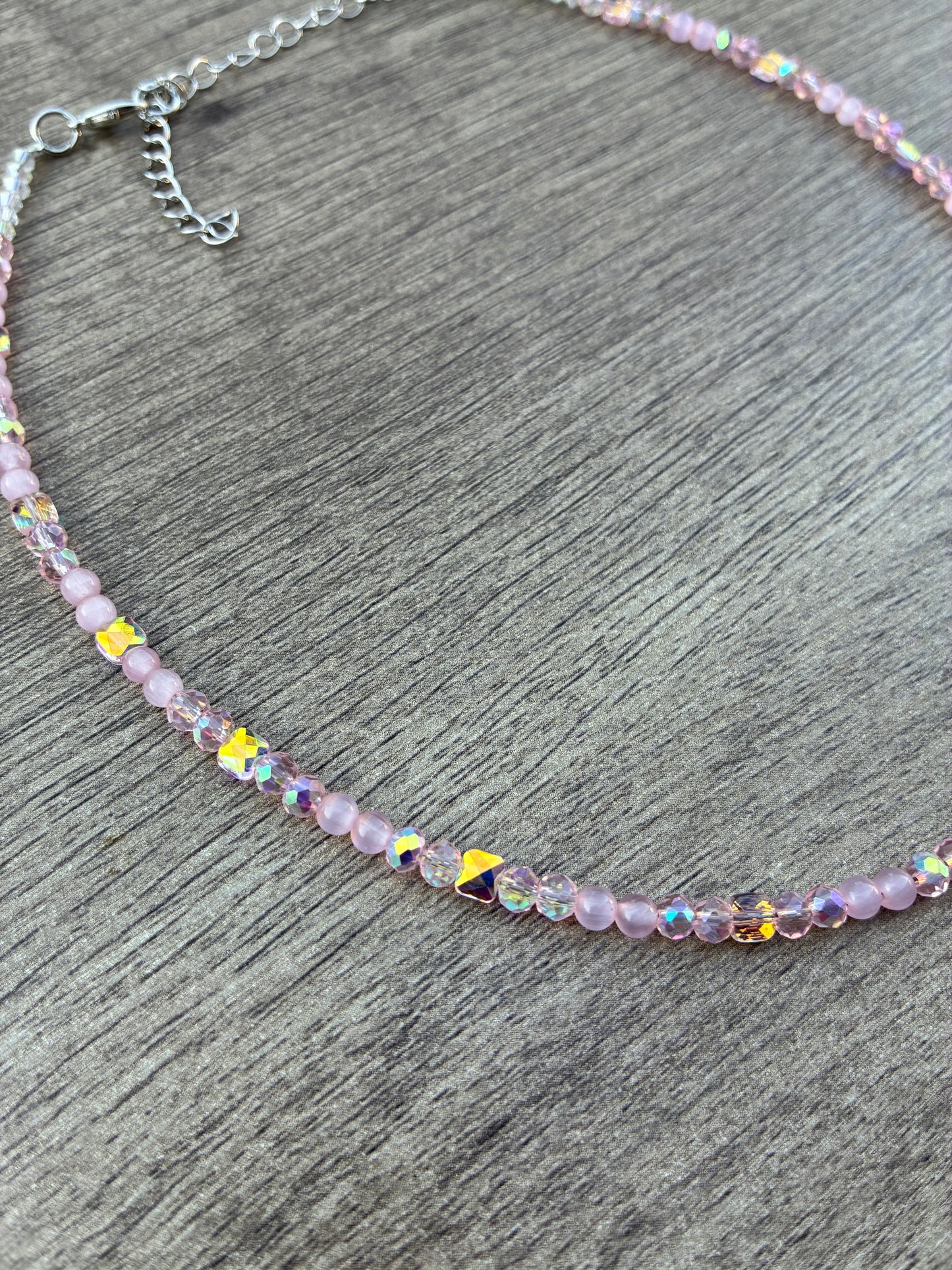 Pink Cat's Eye & Pink Beaded Choker Necklace, 20" with 2" Adjustable Chain
