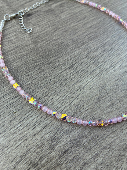 Pink Cat's Eye & Pink Beaded Choker Necklace, 20" with 2" Adjustable Chain