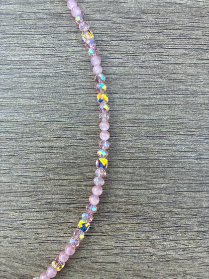 Pink Cat's Eye & Pink Beaded Choker Necklace, 20" with 2" Adjustable Chain