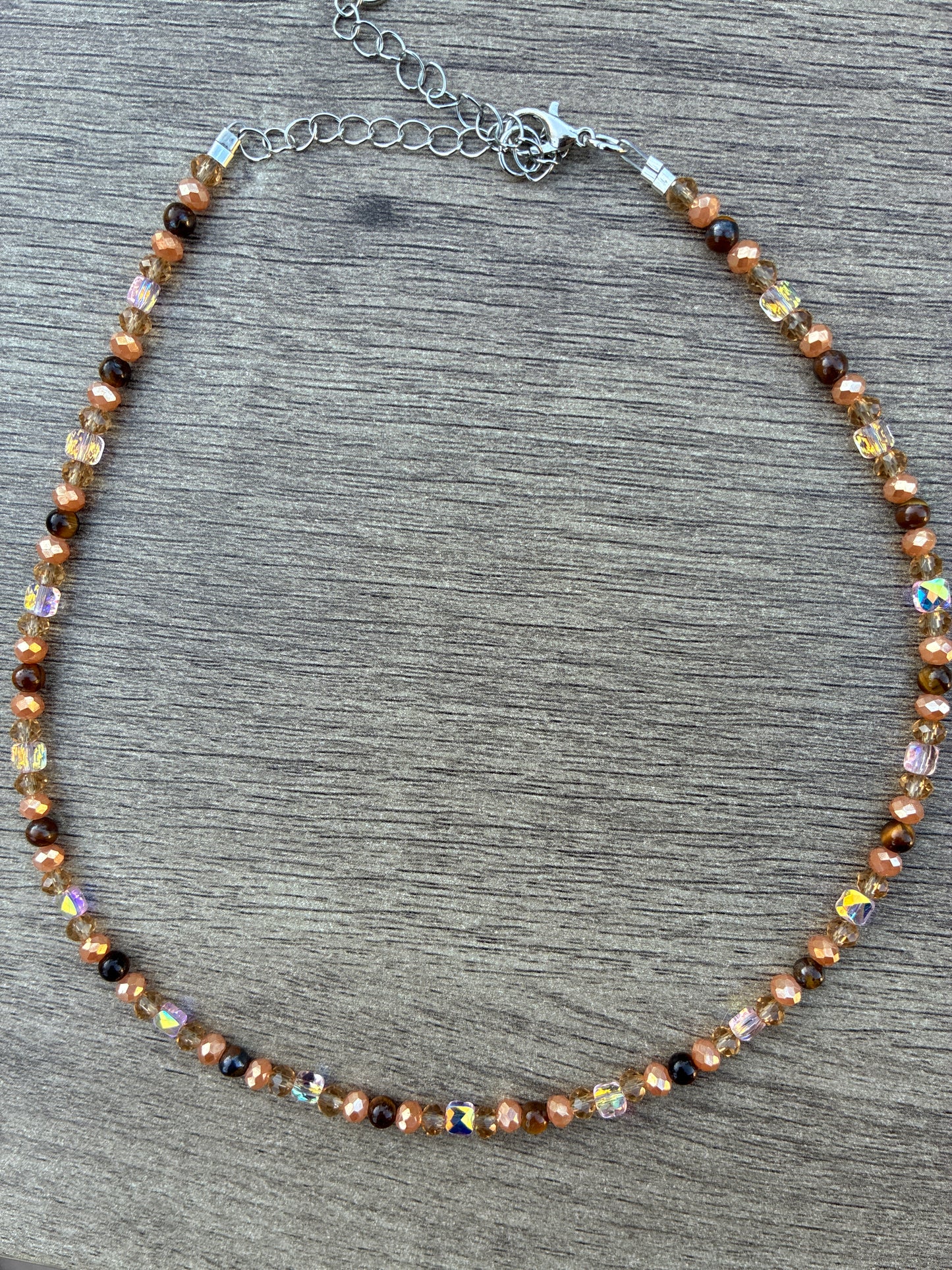 Tiger's Eye & Gold Beaded Choker Necklace 20", Adjustable 2" Chain