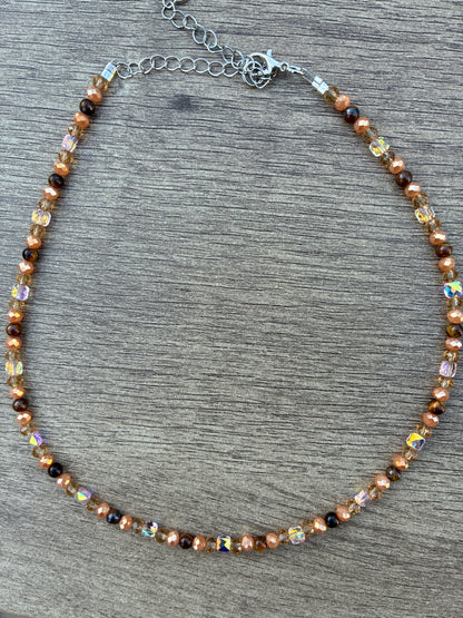 Tiger's Eye & Gold Beaded Choker Necklace 20", Adjustable 2" Chain