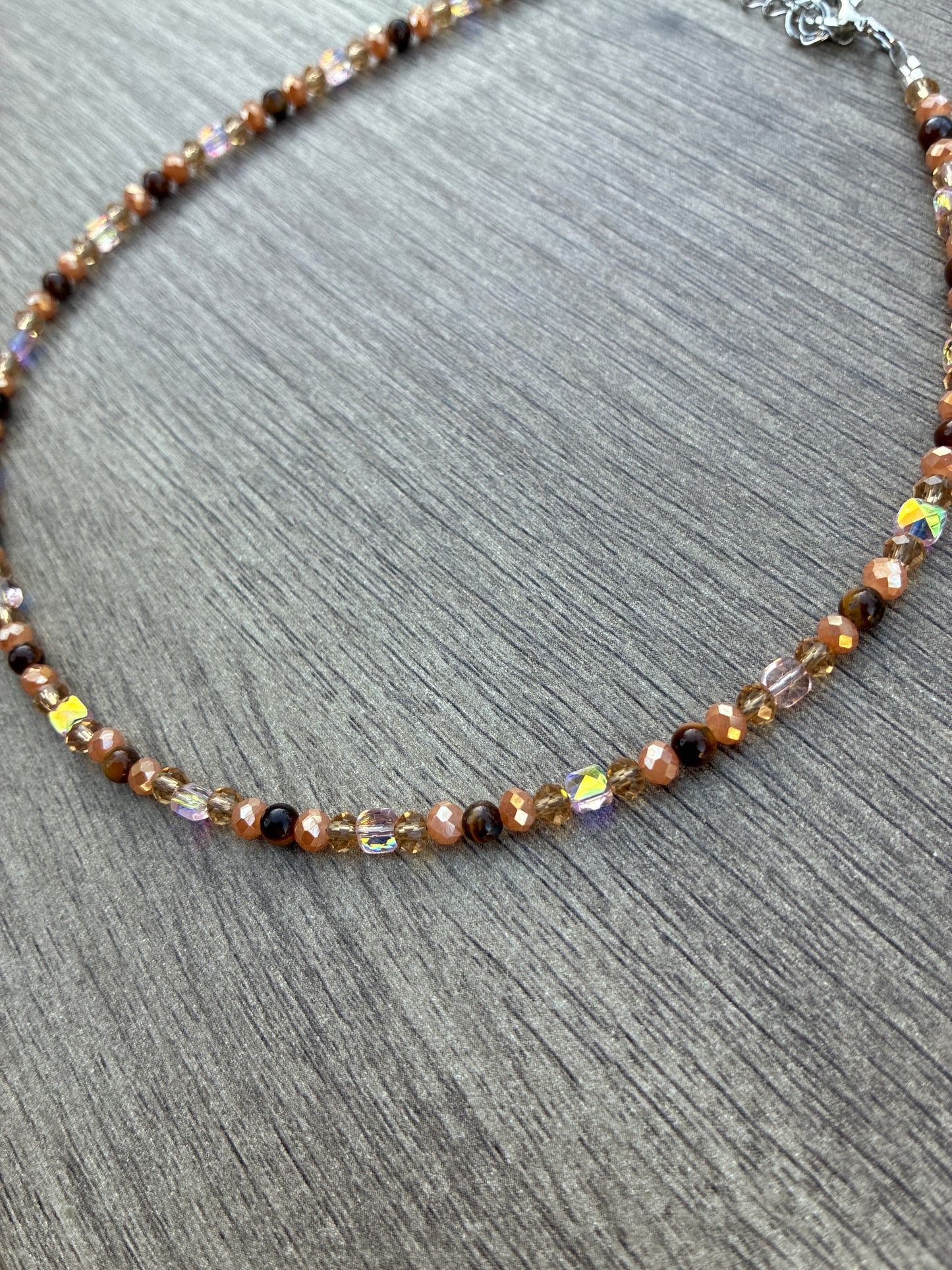 Tiger's Eye & Gold Beaded Choker Necklace 20", Adjustable 2" Chain