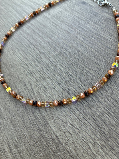 Tiger's Eye & Gold Beaded Choker Necklace 20", Adjustable 2" Chain