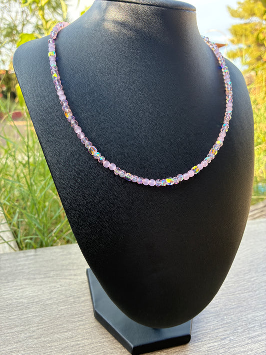 Pink Cat's Eye & Pink Beaded Choker Necklace, 20" with 2" Adjustable Chain