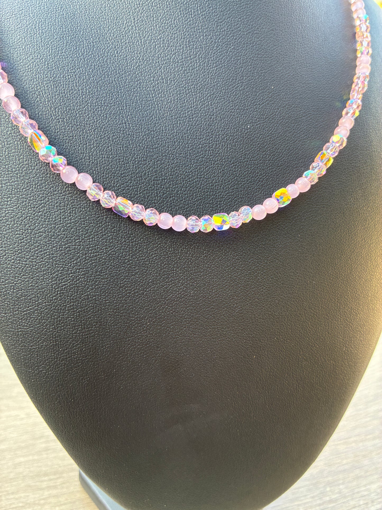 Pink Cat's Eye & Pink Beaded Choker Necklace, 20" with 2" Adjustable Chain