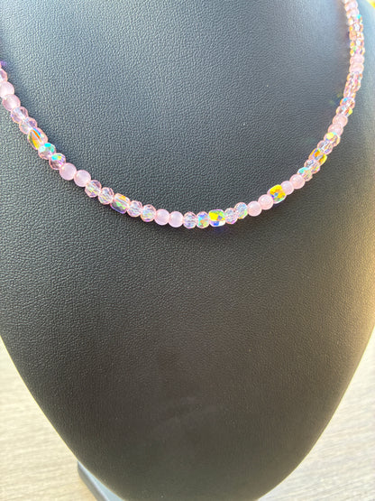 Pink Cat's Eye & Pink Beaded Choker Necklace, 20" with 2" Adjustable Chain