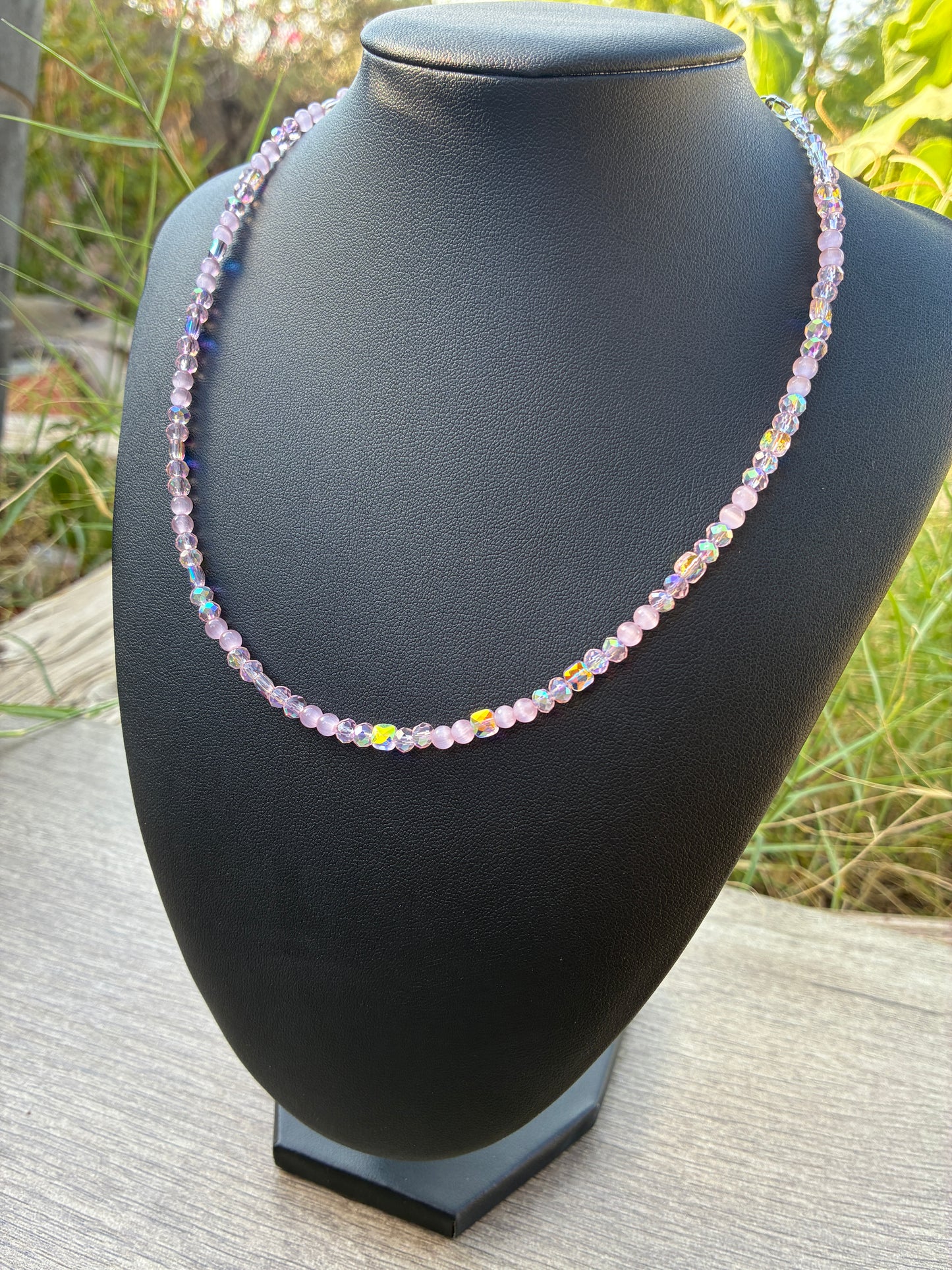 Pink Cat's Eye & Pink Beaded Choker Necklace, 20" with 2" Adjustable Chain