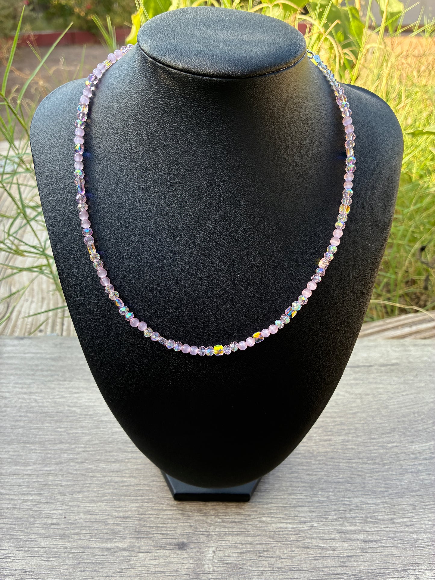 Pink Cat's Eye & Pink Beaded Choker Necklace, 20" with 2" Adjustable Chain